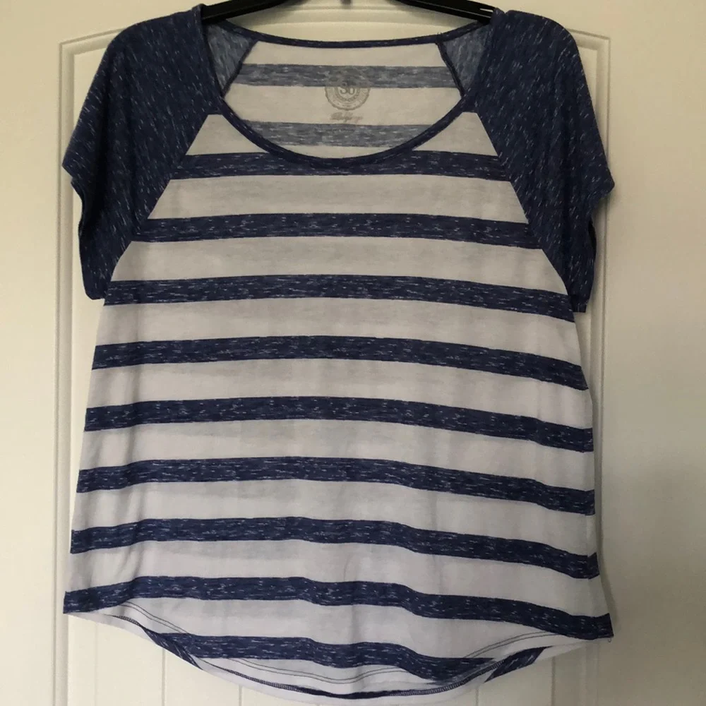 SO Top Girls Size Large Blue‎ White Striped Short Sleeves Scoop Hem